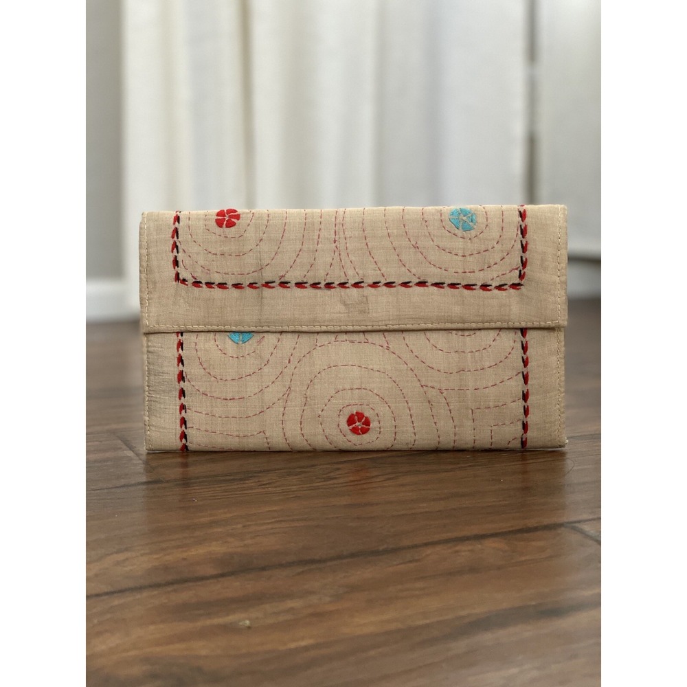 Vintage Womens Tan Brown Thin Knitted PURSE CLUTCH WALLET Embroidered